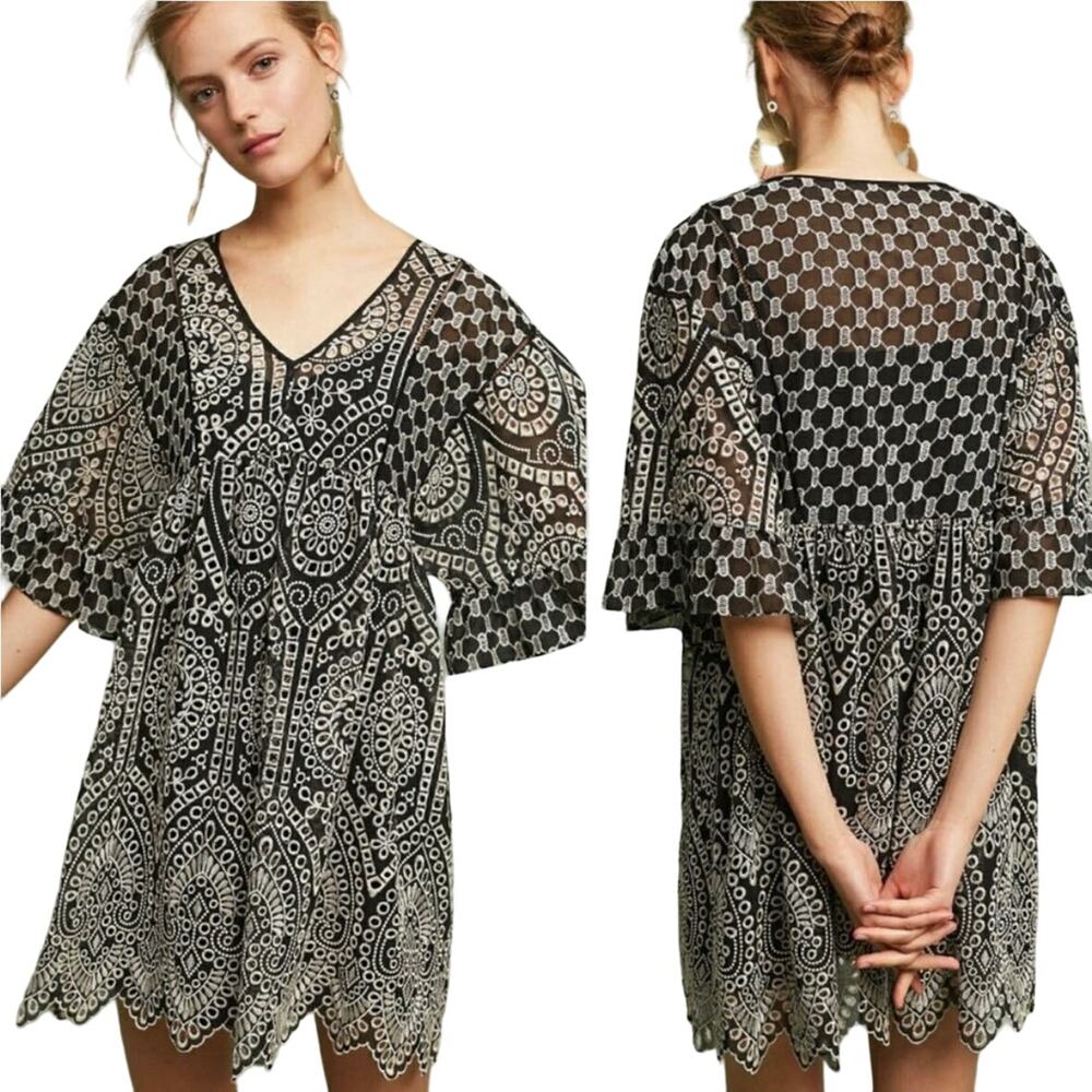 AKEMI + KIN Anthropologie Black Eyelet Boho Embroidered Mini Dress Size 2